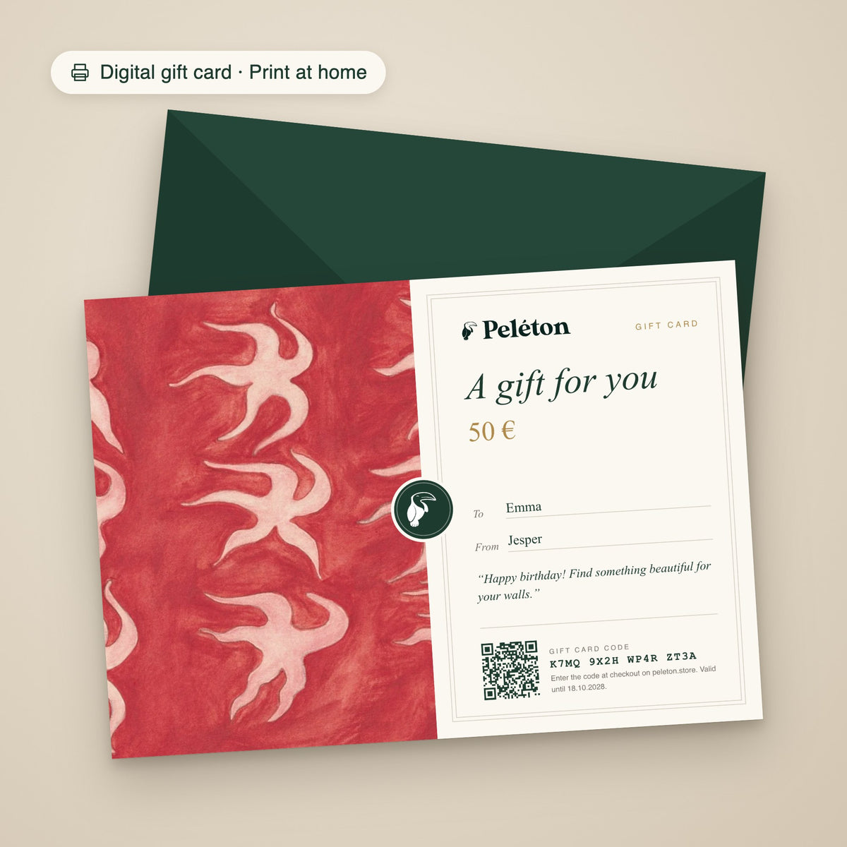 Digital Peléton gift card, print at home: card with artwork, amount, To and From
