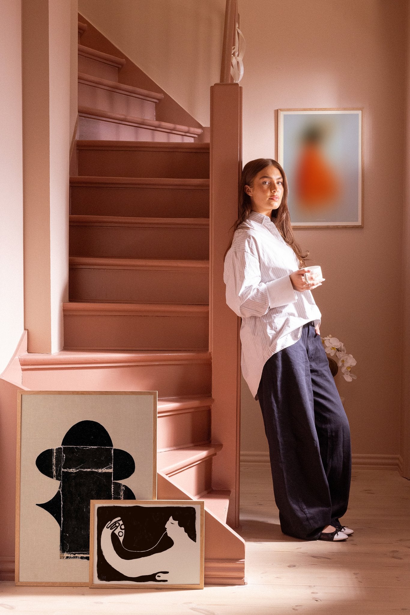 Poster composition in pink corridor