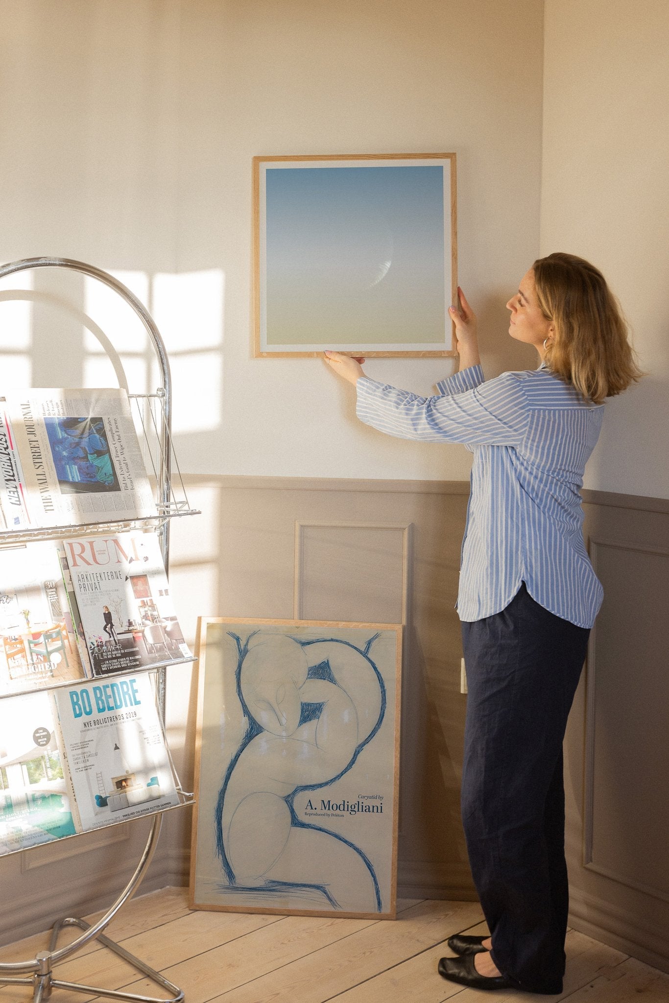 Bluish composition of art prints